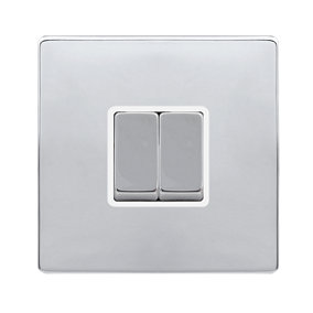 Polished Chrome Screwless Plate 10A 2 Gang 2 Way Ingot Light Switch - White Trim - SE Home