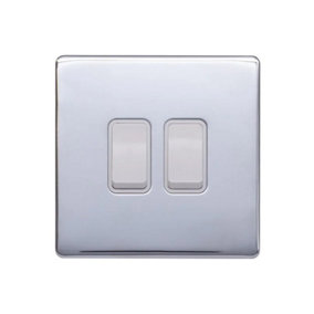 Polished Chrome Screwless Plate 10A 2 Gang 2 Way Light Switch - White Trim - SE Home