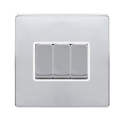 Polished Chrome Screwless Plate 10A 3 Gang 2 Way Ingot Light Switch - White Trim - SE Home