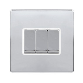 Polished Chrome Screwless Plate 10A 3 Gang 2 Way Ingot Light Switch - White Trim - SE Home