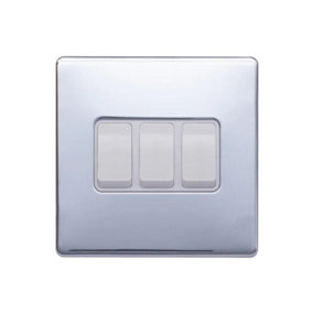 Polished Chrome Screwless Plate 10A 3 Gang 2 Way Light Switch - White Trim - SE Home