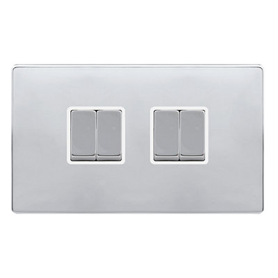 Polished Chrome Screwless Plate 10A 4 Gang 2 Way Ingot Light Switch - White Trim - SE Home