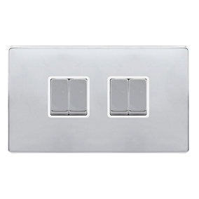 Polished Chrome Screwless Plate 10A 4 Gang 2 Way Ingot Light Switch - White Trim - SE Home