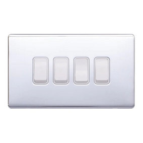 Polished Chrome Screwless Plate 10A 4 Gang 2 Way Light Switch - White Trim - SE Home