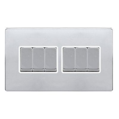 Polished Chrome Screwless Plate 10A 6 Gang 2 Way Ingot Light Switch - White Trim - SE Home