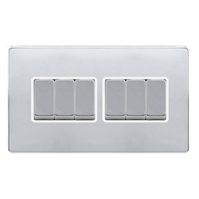 Polished Chrome Screwless Plate 10A 6 Gang 2 Way Ingot Light Switch - White Trim - SE Home