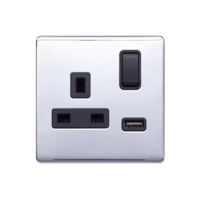 Polished Chrome Screwless Plate 13A 1 Gang Switched Plug Socket (3.1A ...