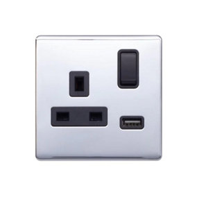 Polished Chrome Screwless Plate 13A 1 Gang Switched Plug Socket (3.1A) USB Outlet - Black Trim - SE Home