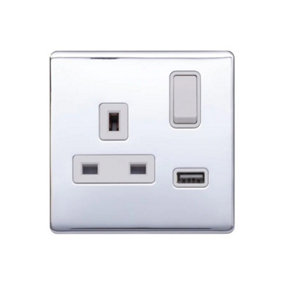 Polished Chrome Screwless Plate 13A 1 Gang Switched Plug Socket (3.1A) USB Outlet - White Trim - SE Home