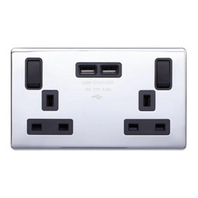 Polished Chrome Screwless Plate 13A 2 Gang Switched DP Socket 2 x USB Outlet (4.8A) - Black Trim - SE Home