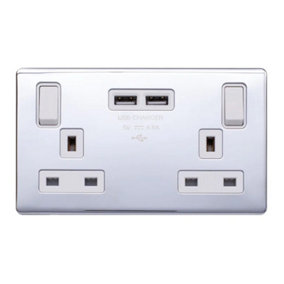 Polished Chrome Screwless Plate 13A 2 Gang Switched DP Socket 2 x USB Outlet (4.8A) - White Trim - SE Home