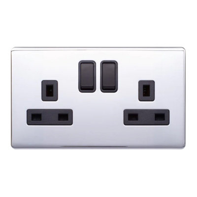 Polished Chrome Screwless Plate 13A 2 Gang Switched Plug Socket, Double Pole - Black Trim - SE Home