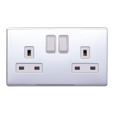Polished Chrome Screwless Plate 13A 2 Gang Switched Plug Socket, Double Pole - White Trim - SE Home