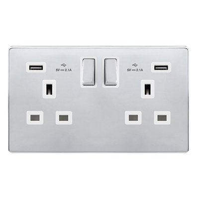 Polished Chrome Screwless Plate 2 Gang 13A DP Ingot 2 USB Twin Double Switched Plug Socket - White Trim - SE Home