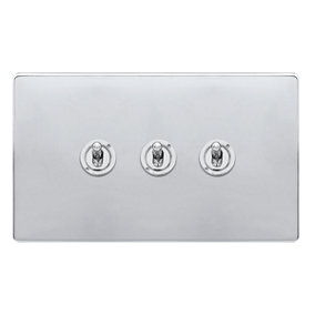 Polished Chrome Screwless Plate 3 Gang 2 Way 10AX Toggle Light Switch - SE Home