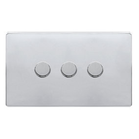 Polished Chrome Screwless Plate 3 Gang 2 Way LED 100W Trailing Edge Dimmer Light Switch - SE Home