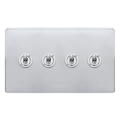 Polished Chrome Screwless Plate 4 Gang 2 Way 10AX Toggle Light Switch - SE Home