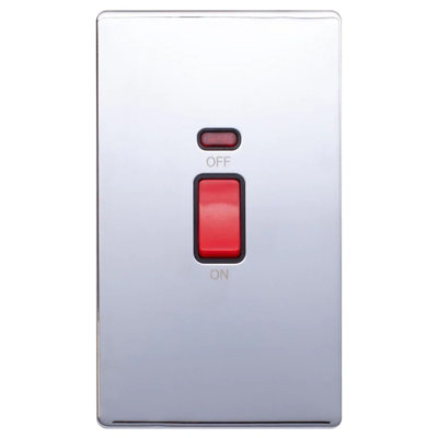 Polished Chrome Screwless Plate 45A 1 Gang Double Pole Switch & Neon, Large Plate - Black Trim - SE Home