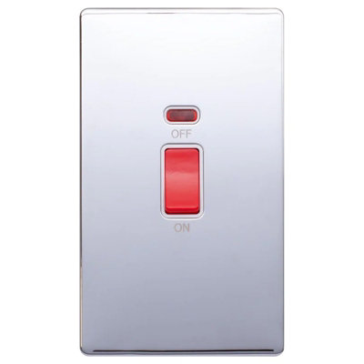 Polished Chrome Screwless Plate 45A 1 Gang Double Pole Switch & Neon, Large Plate - White Trim - SE Home Price Comparisons | Compare The Build