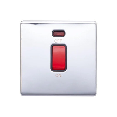 Polished Chrome Screwless Plate 45A 1 Gang Double Pole Switch, Single Plate - Black Trim - SE Home