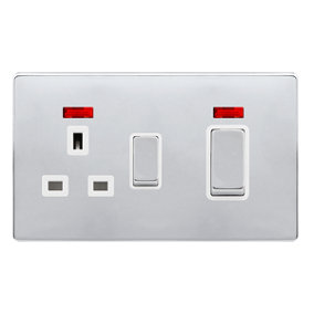 Polished Chrome Screwless Plate Cooker Control Ingot 45A With 13A Switched Plug Socket & 2 Neons - White Trim - SE Home