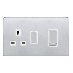 Polished Chrome Screwless Plate Cooker Control Ingot 45A With 13A Switched Plug Socket - White Trim - SE Home