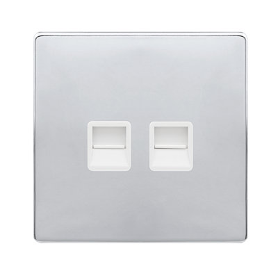 Polished Chrome Screwless Plate Secondary Telephone Twin Socket - White Trim - SE Home