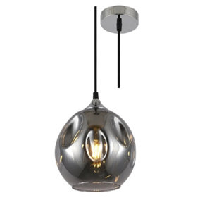 Polished Chrome & Smoked Glass Melt Shade Vintage Dome Pendant Ceiling Light - 20cm Diameter - Black Braided Cable - E27 Required