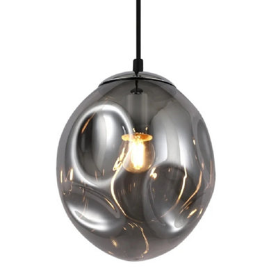 Polished Chrome & Smoked Glass Melt Shade Vintage Oval Globe Pendant Light - 20cm Diameter - Black Braided Cable - E27 Required