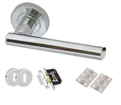 Polished Chrome T-Bar Door Handle on Rose Lever Key Lock Set and Hinges (Key Lock Set)
