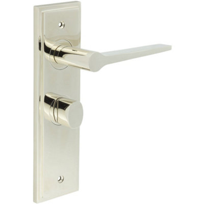 Polished Nickel Bathroom Door Handle with Backplate and Turn Release - Solid Brass Handle