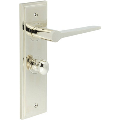 Polished Nickel Bathroom Door Handle with Backplate and Turn Release - Solid Brass Interior Handles