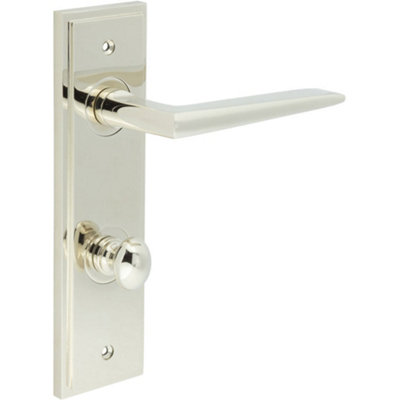 Polished Nickel Bathroom Door Handle with Backplate and Turn Release Solid Brass - Interior Handle