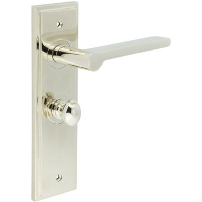 Polished Nickel Bathroom Door Handle with Backplate and Turn & Release - Solid Brass Interior Handle