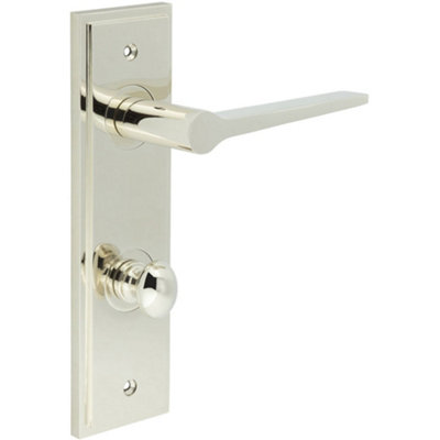 Polished Nickel Bathroom Door Handle with Backplate and Turn Release Solid Brass Interior Handle