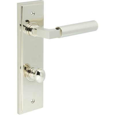 Polished Nickel Bathroom Door Handle with Backplate and Turn Release Solid Brass Interior Lever Handle