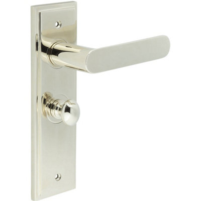 Polished Nickel Bathroom Door Handle with Backplate and Turn Release - Solid Brass Interior Toilet Handle