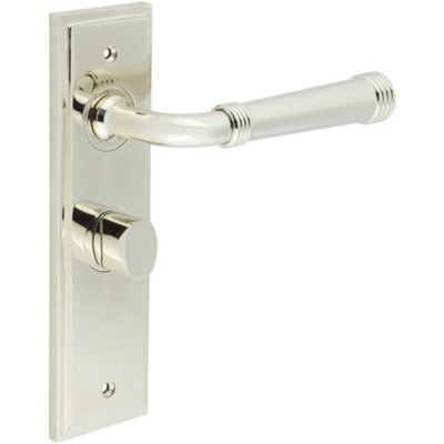 Polished Nickel Bathroom Door Handle with Backplate and Turn Release - Solid Brass - Interior Toilet  Handle