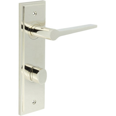 Polished Nickel Bathroom Door Handle with Backplate and Turn Release Solid Brass Interior WC Handle