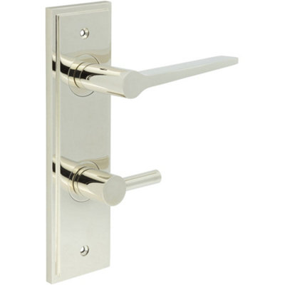 Polished Nickel Bathroom Door Handle with Backplate and Turn Release - Solid Brass Interior WC Handle