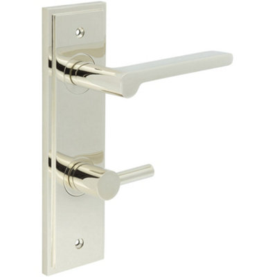 Polished Nickel Bathroom Door Handle with Backplate and Turn Release - Solid Brass Internal Handle
