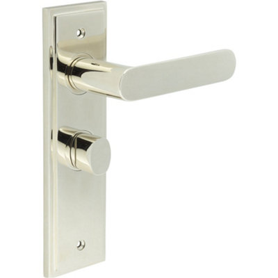 Polished Nickel Bathroom Door Handle with Backplate and Turn Release - Solid Brass Toilet Handle