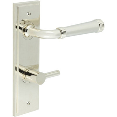 Polished Nickel Bathroom Door Handle with Backplate Turn Release Solid Brass Interior Handle
