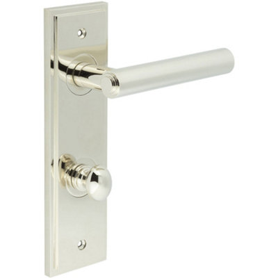 Polished Nickel Bathroom Door Handle with Backplate Turn Release Solid Brass Interior Lever