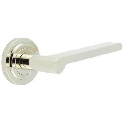 Polished Nickel Door Handle with Stepped Rose Design - Solid Brass Interior Handle