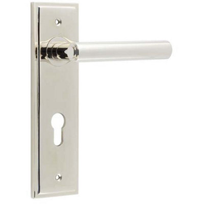 Polished Nickel Euro Backplate Door Handle - Elegant Solid Brass Lever - Solid Brass Interior Lever