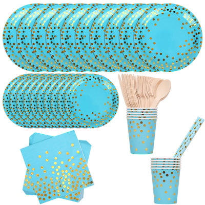 Polka Dot Party Tableware Disposable Dinnerware Set - Baby Blue