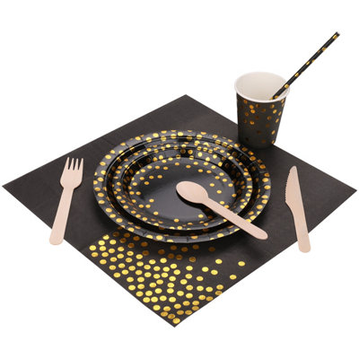 Polka Dot Party Tableware Disposable Dinnerware Set - Black