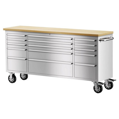 POLLOR 72" Inch Tool Box Chest Garage Stainless Steel Work Bench 15 Drawer Roller Cabinet