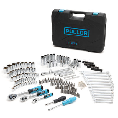 POLLOR Professional 216 Piece Socket Set 1/2" 3/8" 1/4" With Spanners Large Tool Ratchet Wrench Kit